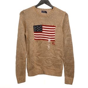 NWT Polo Ralph Lauren Gold Metallic Flag Sweater M